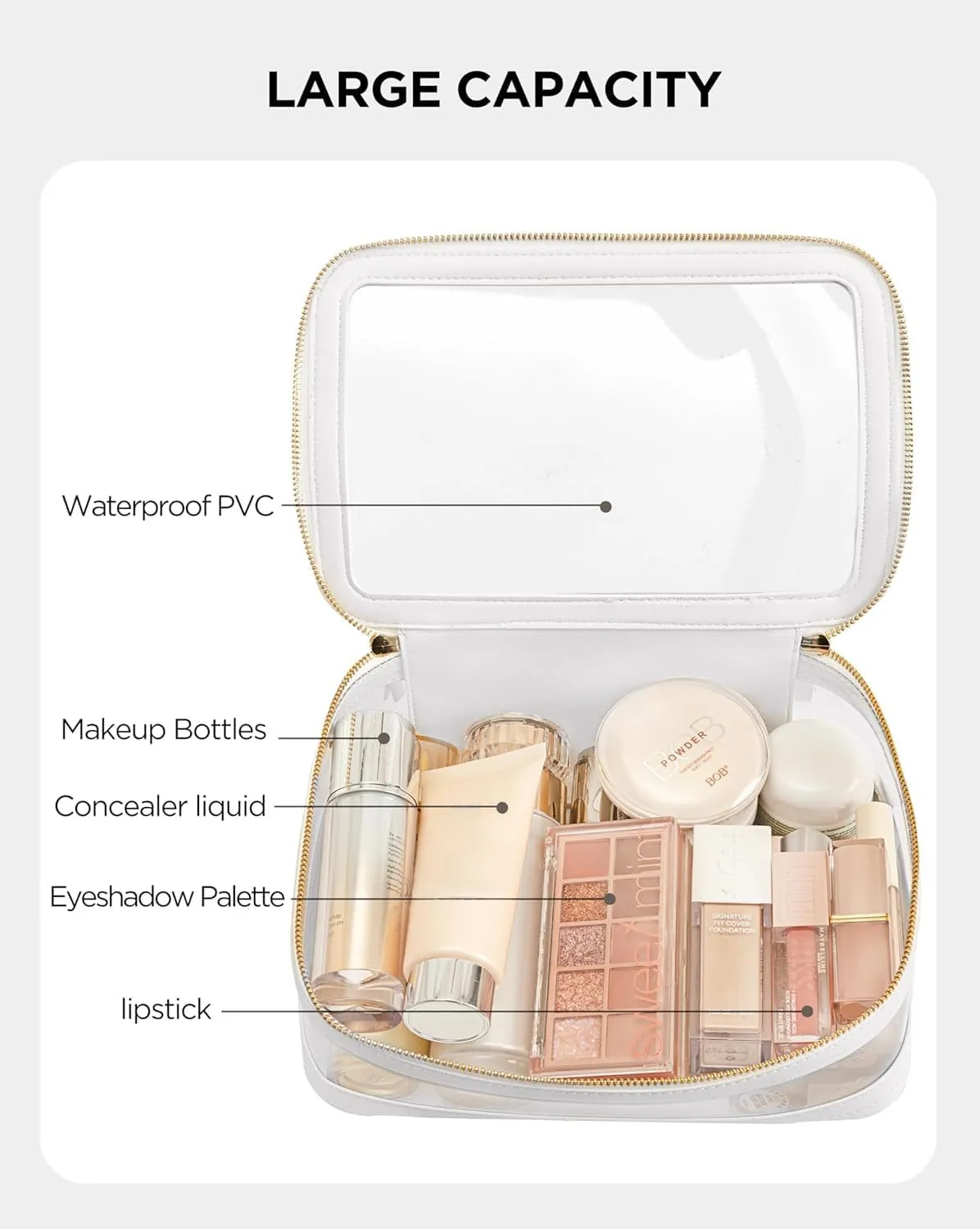 HBlife Clear Makeup Bag Organizer, Portable Travel Toiletry Cosmetic Case for Women, Medium Make Up Bag Makeup Train Case Transparent Storage Pouch with Handle(White)
