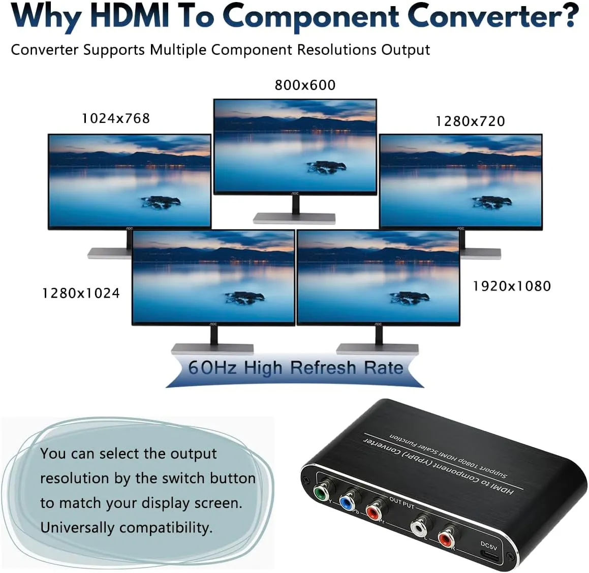 HDMI to Component Converter with Scaler Function, HDMI to YPbPr 5RCA RGB Scaler Adapter V1.4 with R/L Audio Output Support for MacBook TV Blu-Ray DVD PS4 DVD, PSP, Xbox 360,Amazon Fire TV