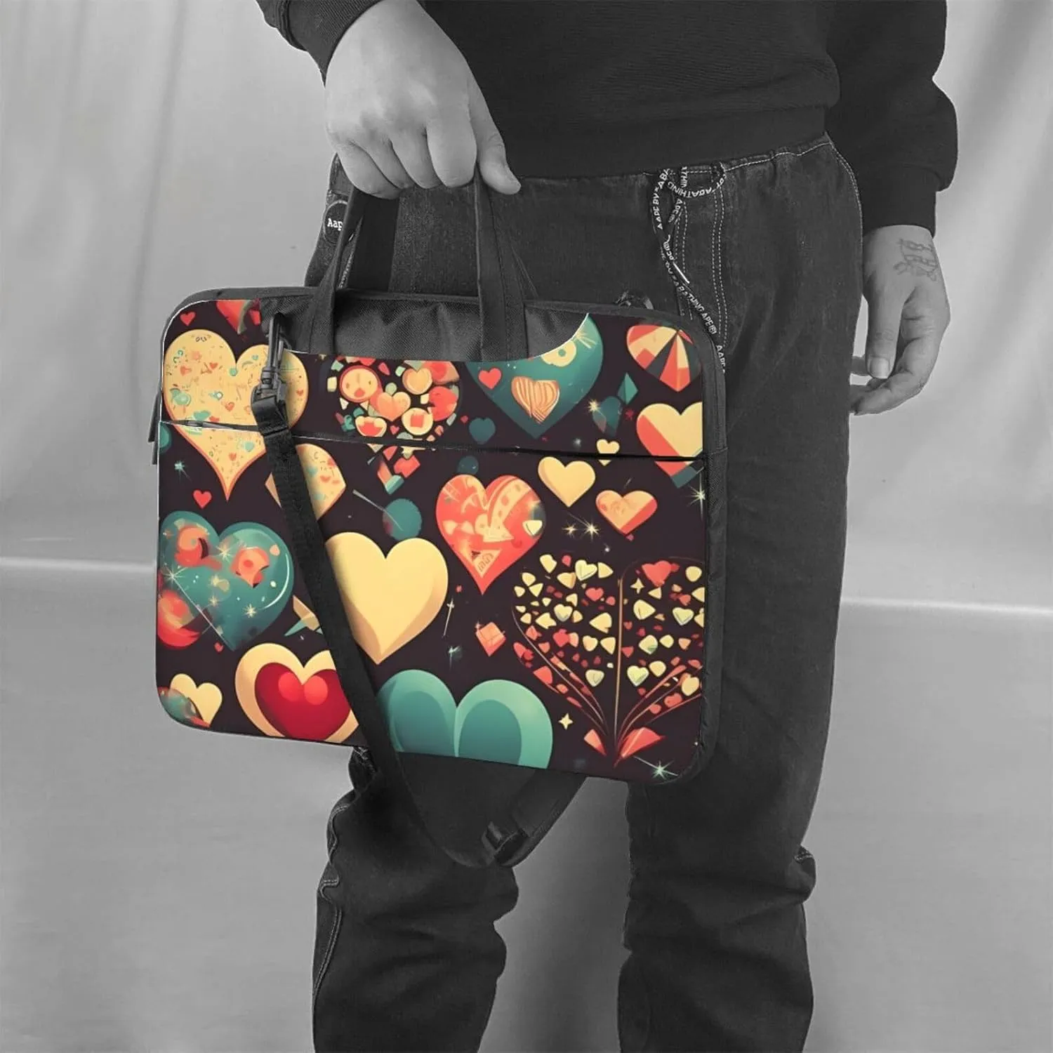 Heart Crush Flower Laptop Shoulder Bag Portable Laptop Bag Laptop Case Crossbody Briefcase w/Strap Handle