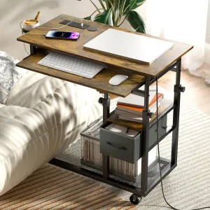 Height Adjustable C Table with Charging Station, Mobile Laptop C Shaped End Table, Couch Desk with Wheels, Couch Side Table with Storage Drawer for Living Room Bedroom
