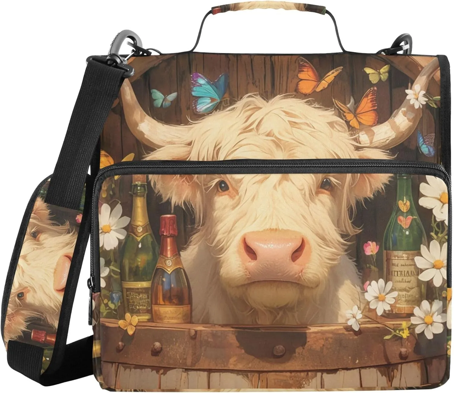 Highland Cow Champagne Daisy Organizer Binder with Shoulder Strap & Handle Laege Capacity 1.5 Inch 3 Rings Pencil Cases Portfolio Binder Paperwork Business