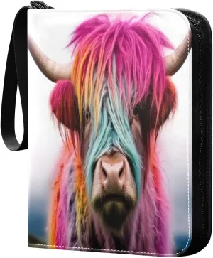 Highland Cow Colorful Card Binder 4 Pocket Trading Card Album Fits 400 Sports/Game Cards, PU Cover 3 Ring Card Collection with 50 Removable Sleeves