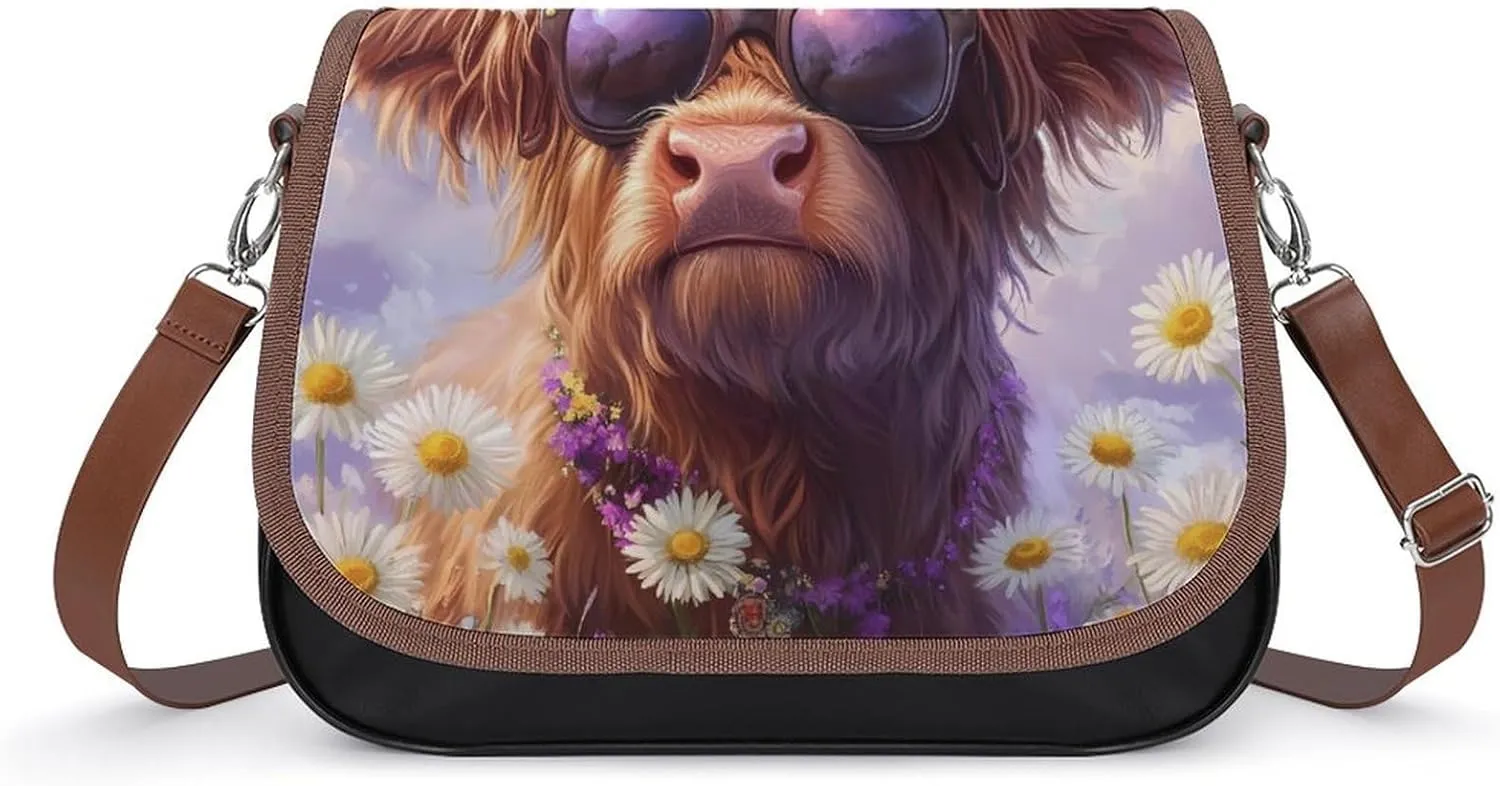 Highland Cow Daisy Flower Crossbody Bags PU Leather Purses Shoulder Handbag with Adjustable Shoulder Strap