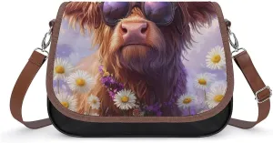 Highland Cow Daisy Flower Crossbody Bags PU Leather Purses Shoulder Handbag with Adjustable Shoulder Strap