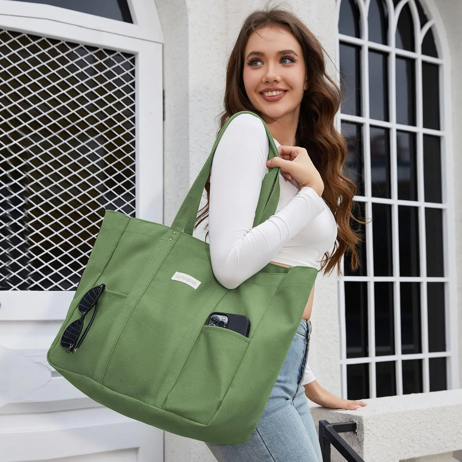HOMESPON Large Canvas Tote Bag for Women Everything Bag with Pockets and Laptop Sleeve