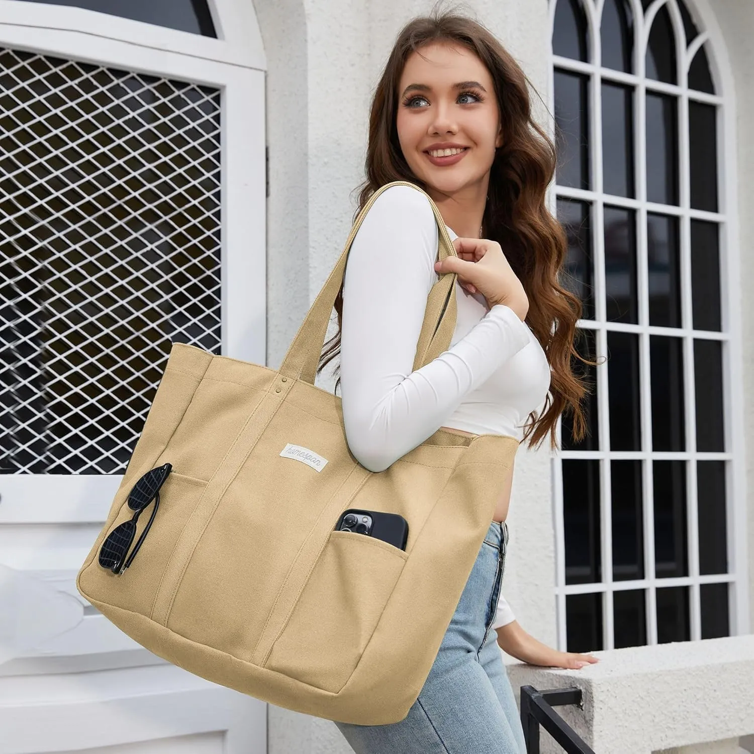 HOMESPON Large Canvas Tote Bag for Women Everything Bag with Pockets and Laptop Sleeve