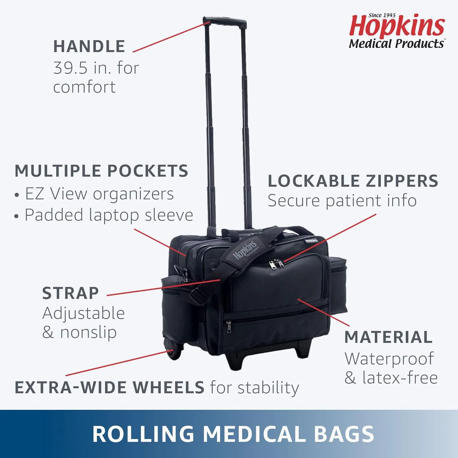 Hopkins Medical Products Antimicrobial Rolling Medical Bag: Waterproof, Lockable File Pocket, Wide Wheel Base - Perfect for Busy Healthcare Pros, 36.5" Handle