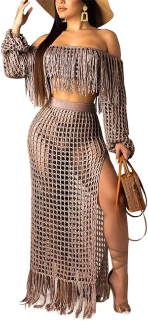 HOULENGS Women's 2 Piece Crochet Off Shoulder Cover Up Hollow Out High Split Tassel Skirt Sets