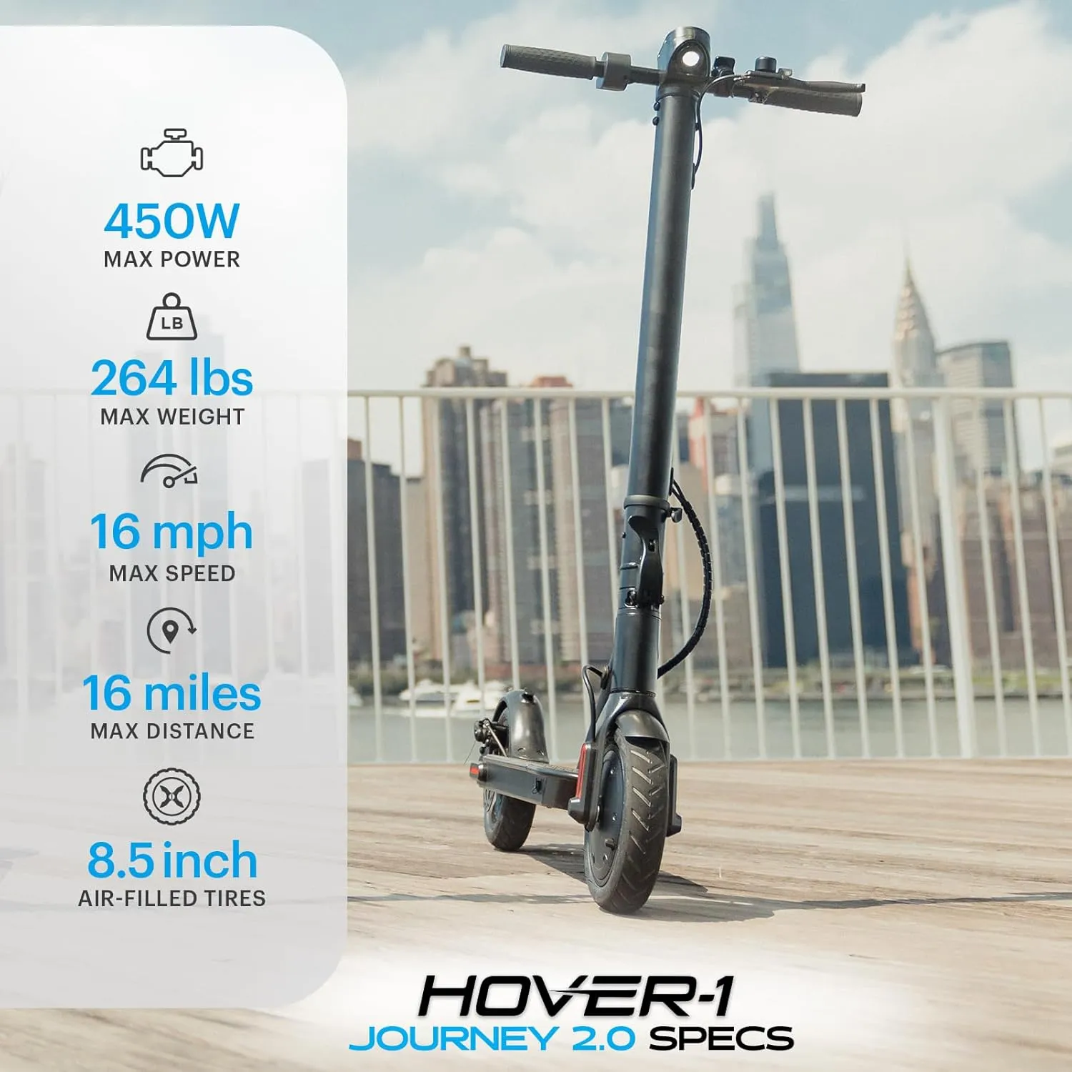 Hover-1 Journey 2.0 Foldable Electric Scooter for Adults with 300W Brushless Motor, 16 mph Max Speed, 8.5” Air-Filled Tires and 16 Mile Range Commuter Scooter for Adults and Teens