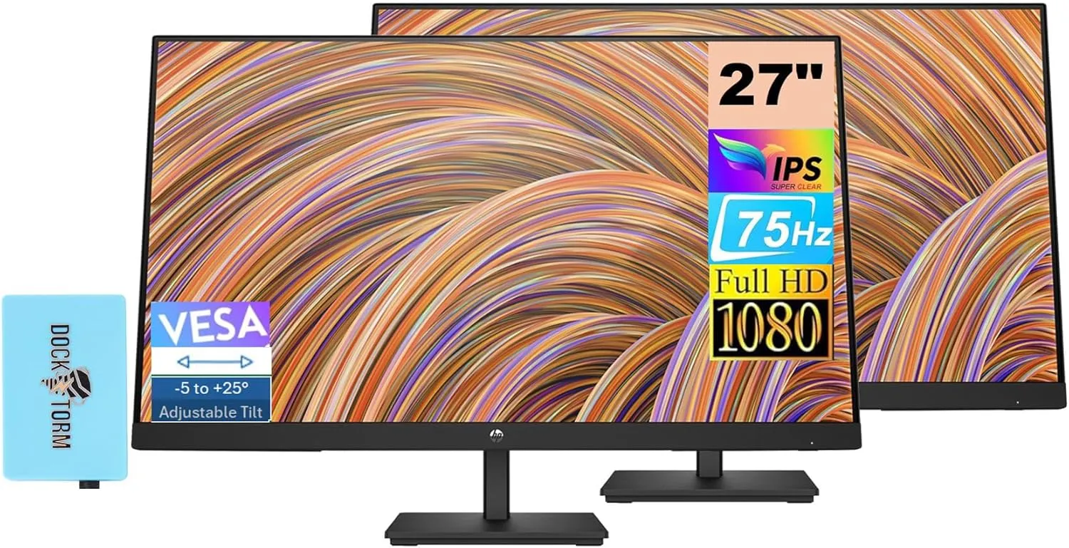 HP V27 G5 FHD IPS Monitor 65P64AA#ABA Bundle with Docztorm Dock, FHD IPS (1920x1080) 75Hz Display, HDMI 1.4, 1 DP 1.2, VESA Mount (100x100 mm), Ideal for Office Work, Black 2 Pack