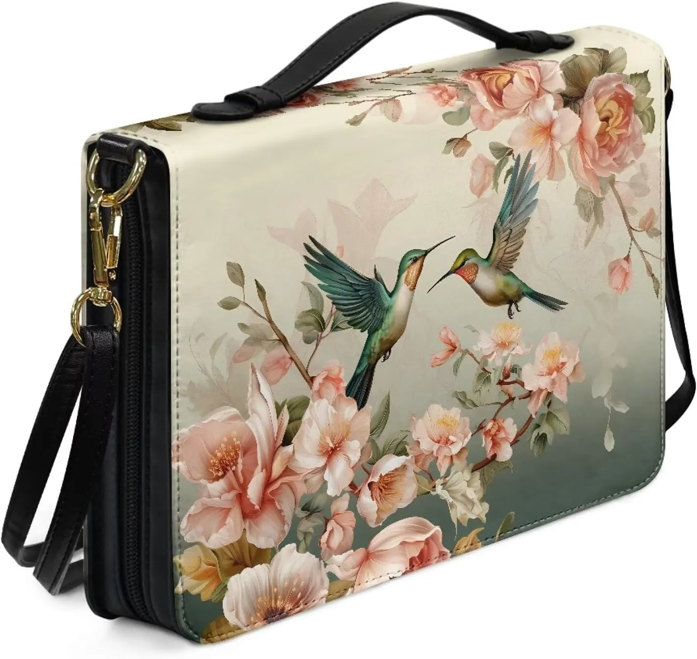 Hummingbird Peony Print Bible Cover Case Faux Leather Study Bible Carrying Cases Lightweight Bible Carrier Tote Bag Handbag with Detachable Shoulder Strap Bible Journaling Supplies, XL