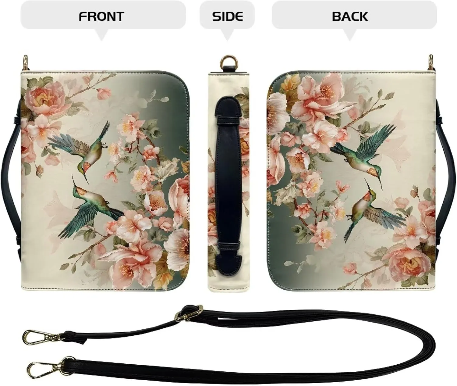Hummingbird Peony Print Bible Cover Case Faux Leather Study Bible Carrying Cases Lightweight Bible Carrier Tote Bag Handbag with Detachable Shoulder Strap Bible Journaling Supplies, XL