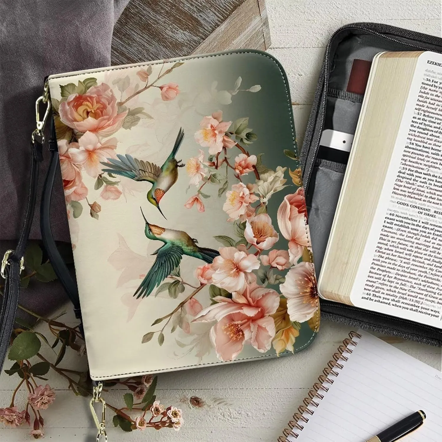 Hummingbird Peony Print Bible Cover Case Faux Leather Study Bible Carrying Cases Lightweight Bible Carrier Tote Bag Handbag with Detachable Shoulder Strap Bible Journaling Supplies, XL
