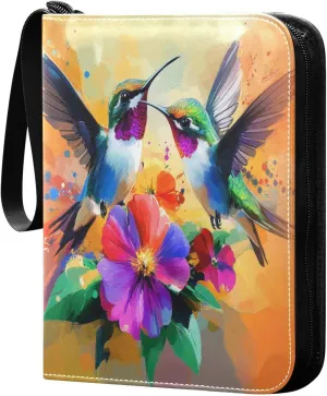 Hummingbirds with Colorful Flowers Cards Binder 4 Pocket Fits 400 Cards with 50 Removable Sleevesves, Trading Card Collector Zipper Album Holder Portable Card Games Display Storage Cases