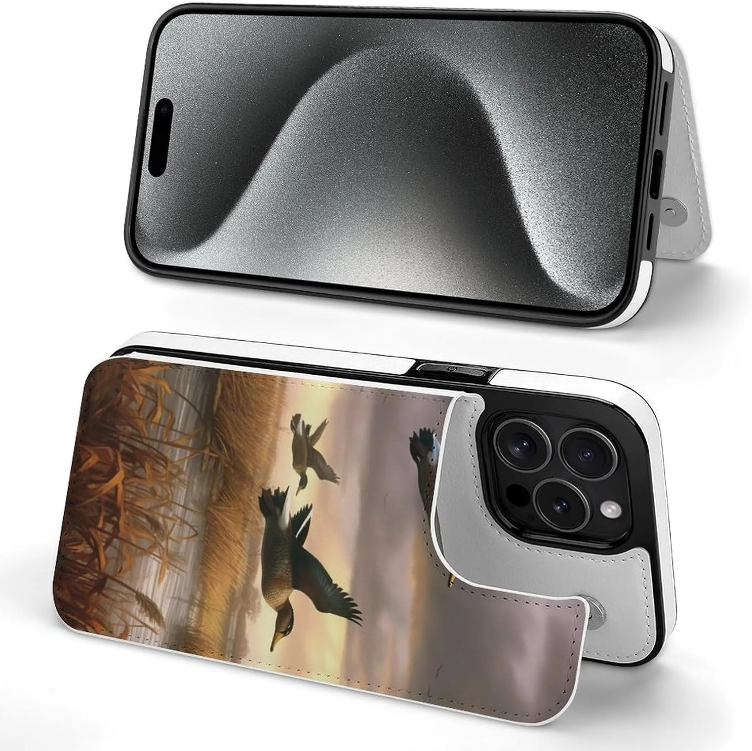 Hunting Flying Wild Ducks Printed Wallet Case for iPhone 15 Pro Max - Flip Leather Wallet Phone Cases Cover with Card Slots