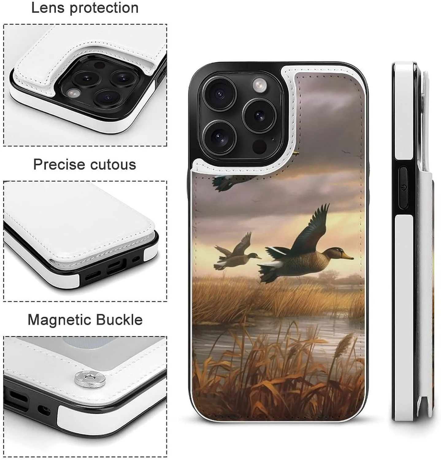 Hunting Flying Wild Ducks Printed Wallet Case for iPhone 15 Pro Max - Flip Leather Wallet Phone Cases Cover with Card Slots