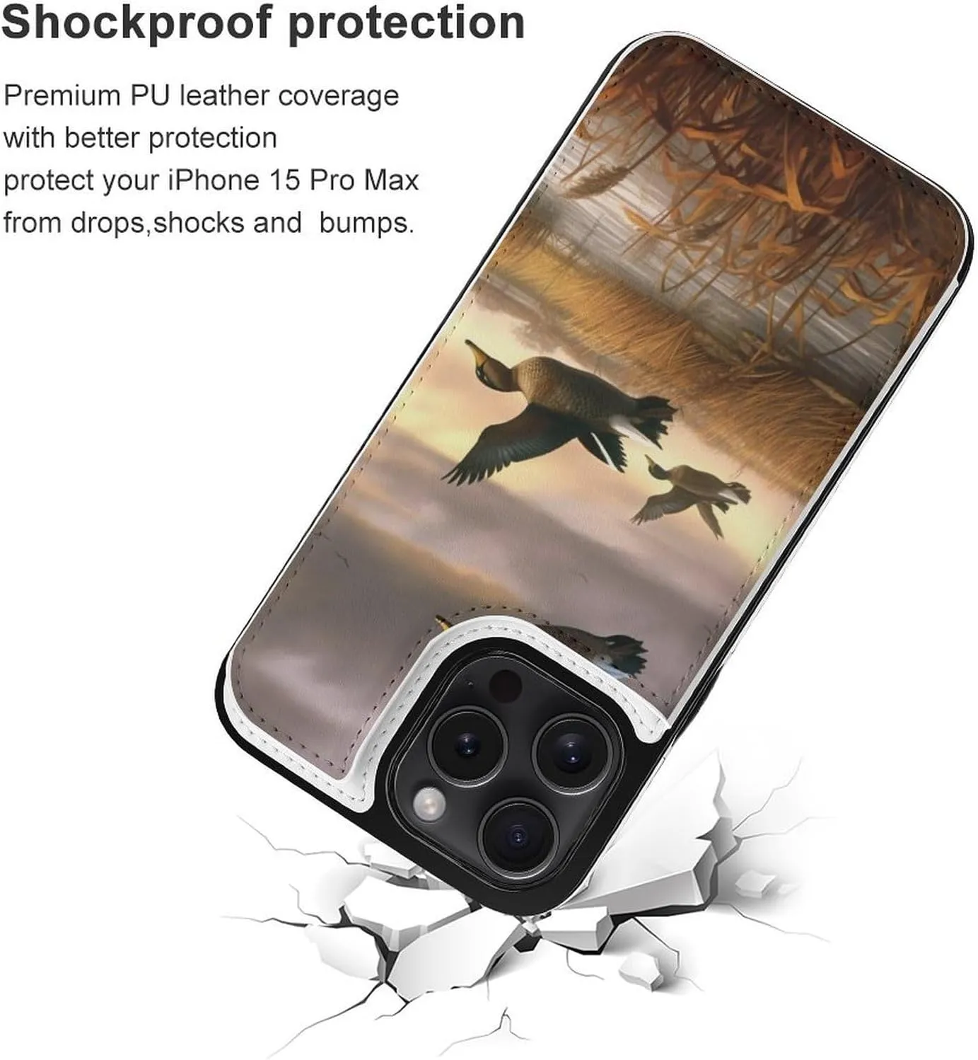 Hunting Flying Wild Ducks Printed Wallet Case for iPhone 15 Pro Max - Flip Leather Wallet Phone Cases Cover with Card Slots