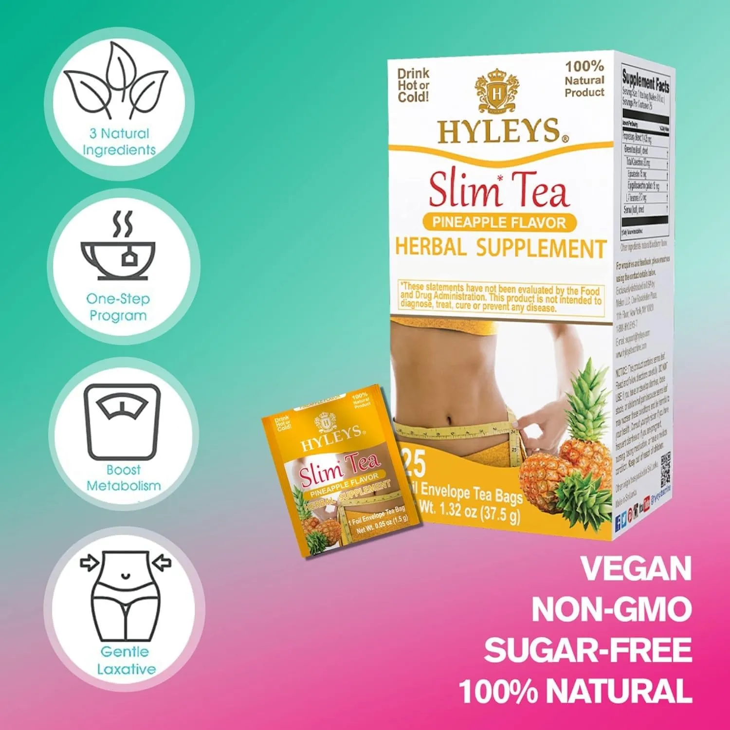 Hyleys Slim Tea Pineapple Flavor - Weight Loss Herbal Supplement Cleanse and Detox - 25 Tea Bags (6 Pack)