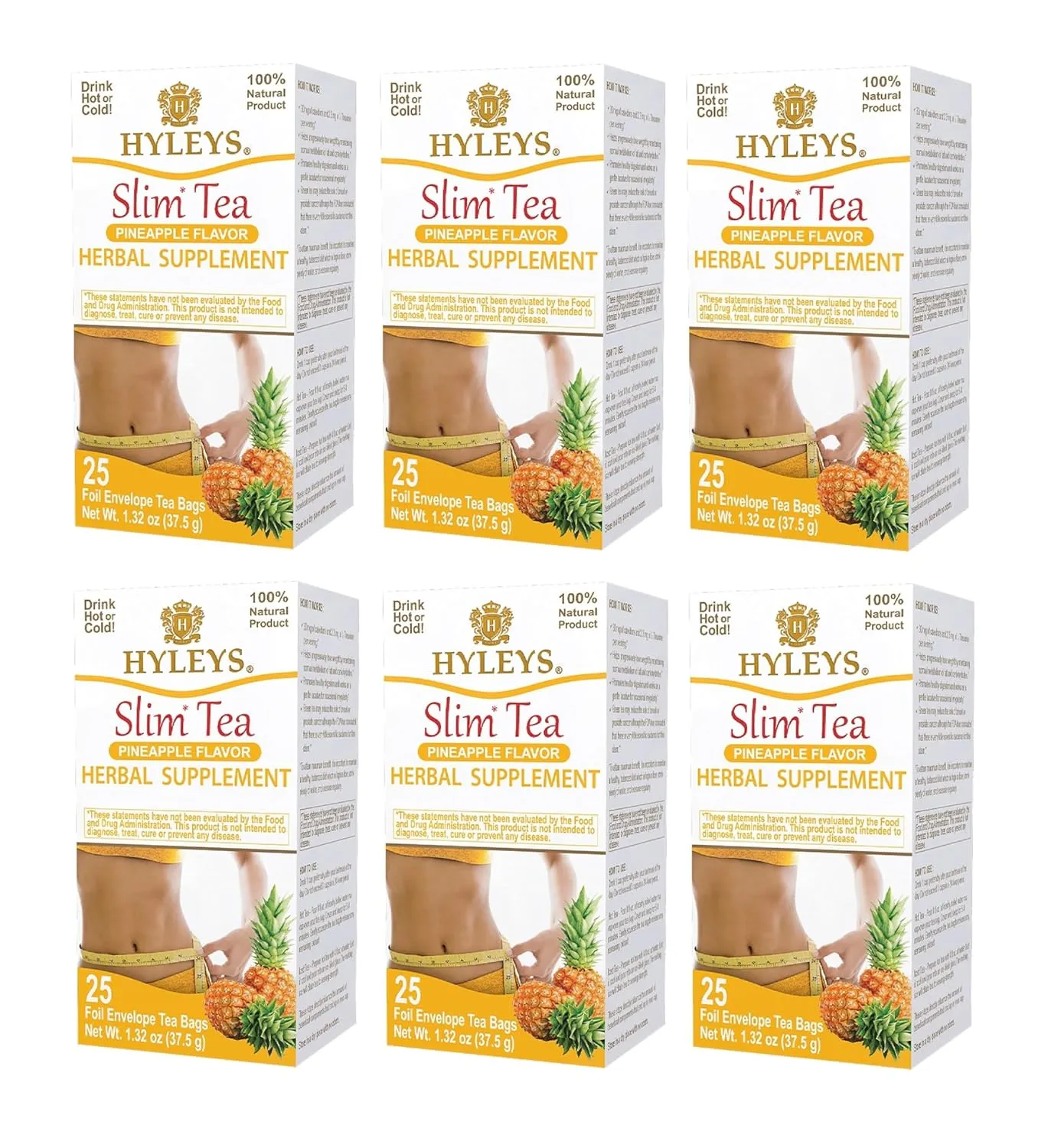 Hyleys Slim Tea Pineapple Flavor - Weight Loss Herbal Supplement Cleanse and Detox - 25 Tea Bags (6 Pack)