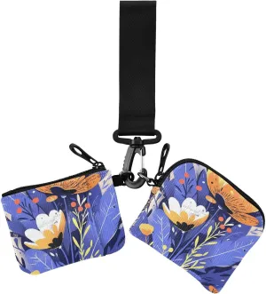 Illustration Style Blue Flowes Women's Coin Purses Card Cases Small Portable Change Purse Wallet with Wristlet Strap for Lady 2 Pcs