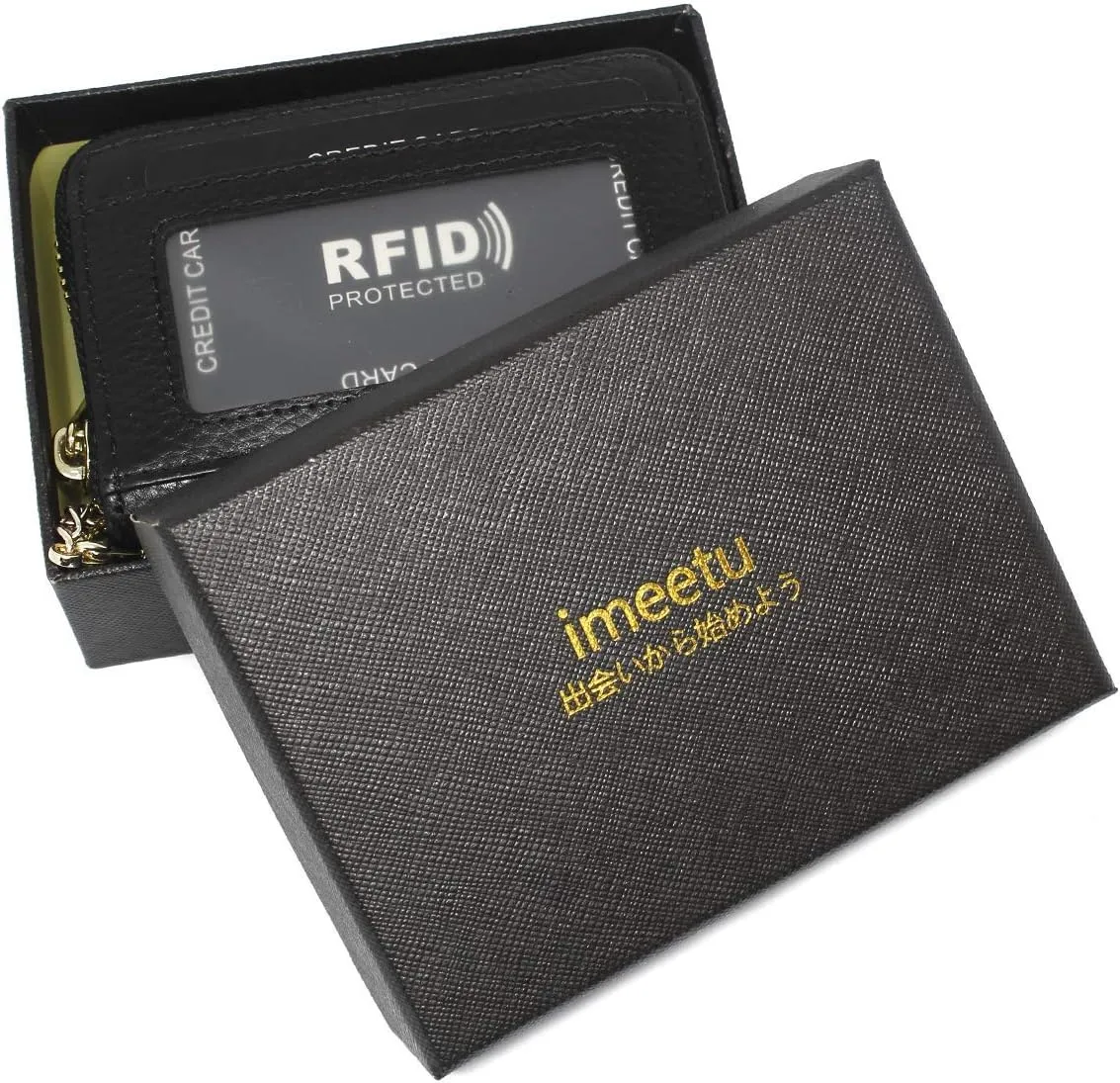 imeetu RFID Credit Card Holder Wallet with Keychain & ID Window Small Leather Zipper Card Case for Women (Horizontal 10 Slots, Dark Green)