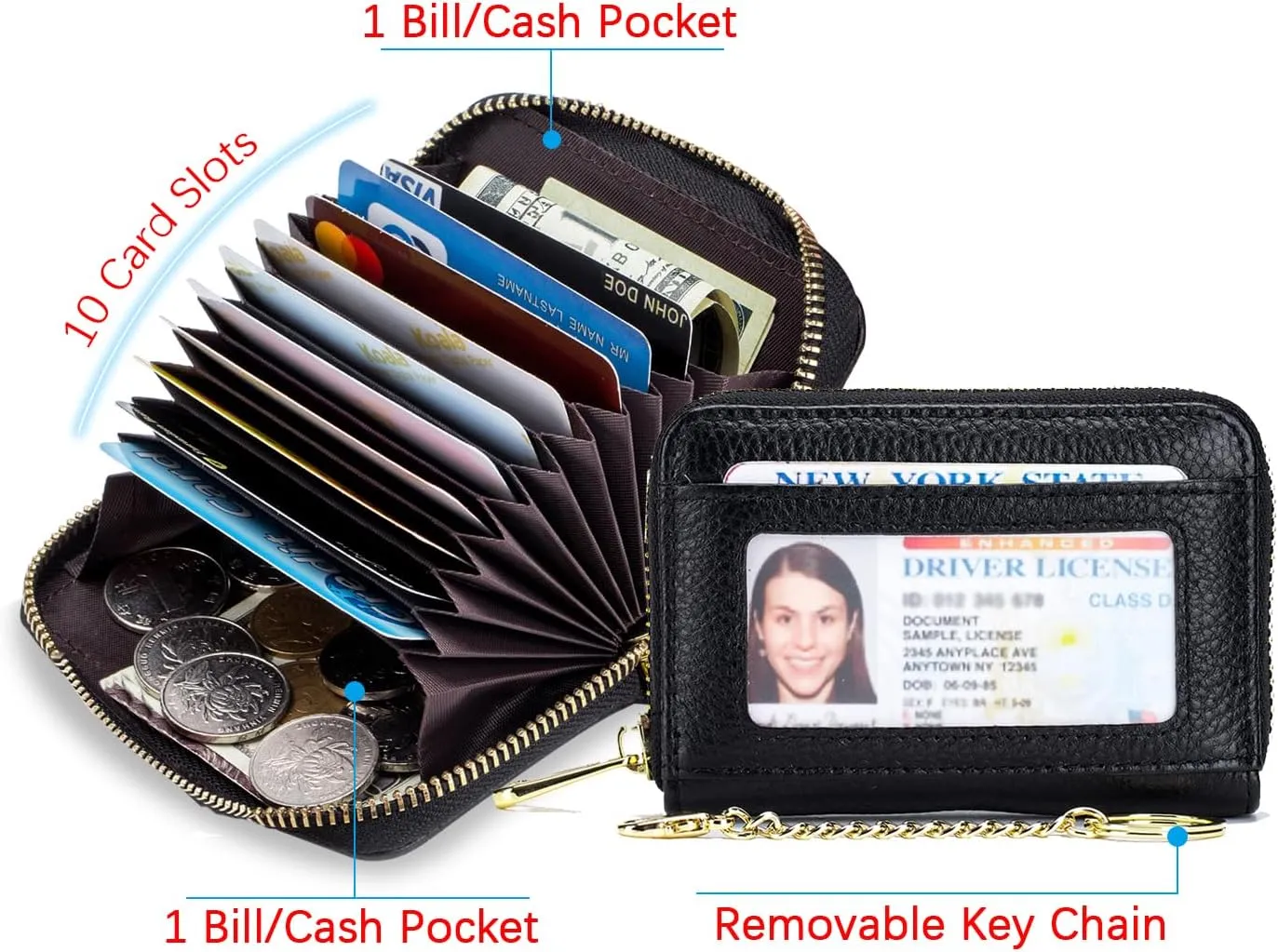 imeetu RFID Credit Card Holder Wallet with Keychain & ID Window Small Leather Zipper Card Case for Women (Horizontal 10 Slots, Dark Green)