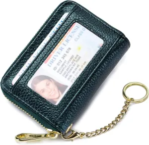imeetu RFID Credit Card Holder Wallet with Keychain & ID Window Small Leather Zipper Card Case for Women (Horizontal 10 Slots, Dark Green)