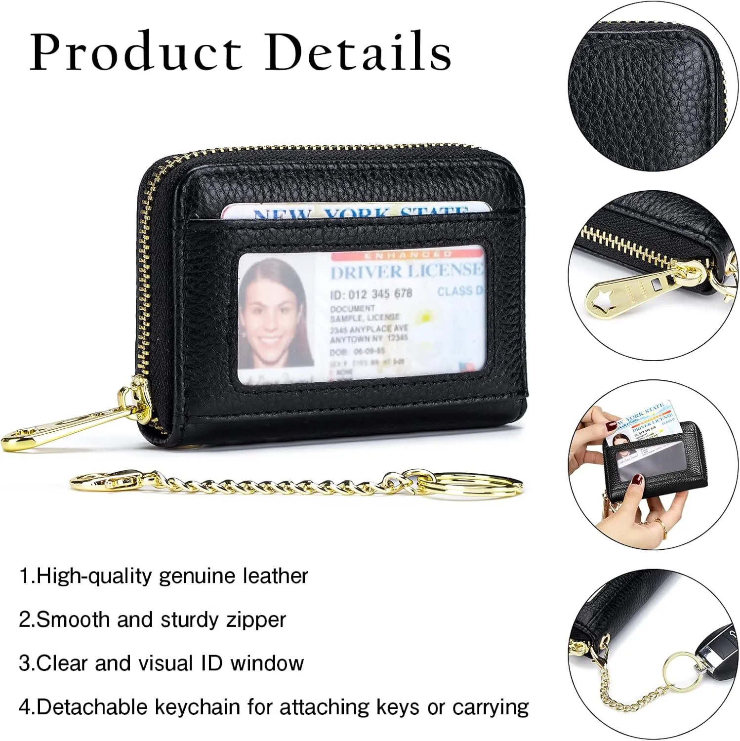 imeetu RFID Credit Card Holder Wallet with Keychain & ID Window Small Leather Zipper Card Case for Women (Horizontal 10 Slots, Dark Green)