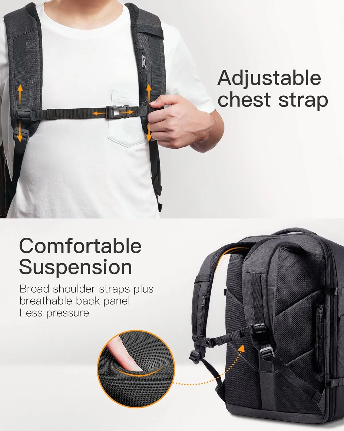 Inateck 38-46L Large Travel Carry on Laptop Backpack for Men and Women, Expandable Splash-resistant Cabin Luggage 22x14x9 Airline Approved, Compatible with 17.3 Inch Laptop, Black