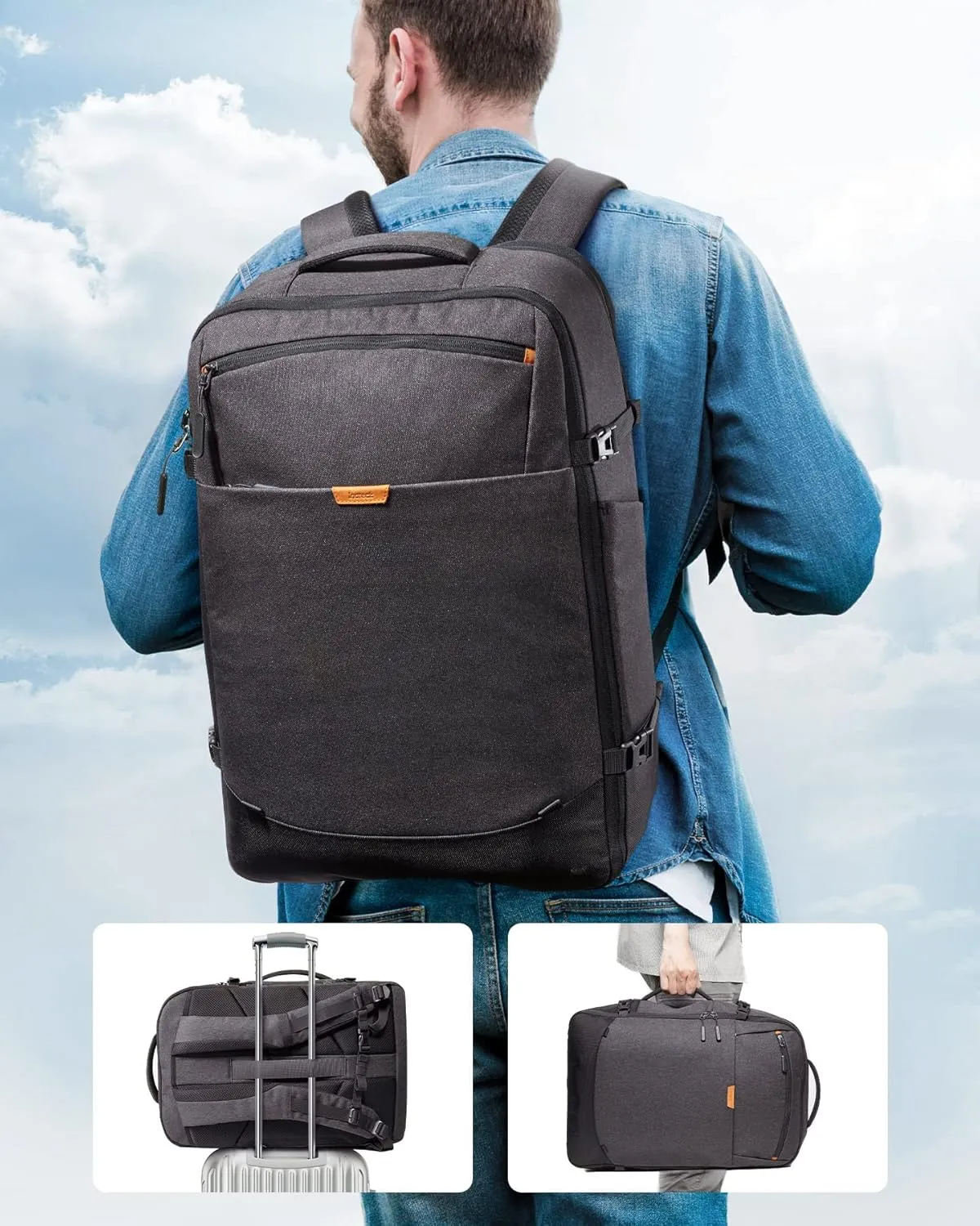 Inateck 38-46L Large Travel Carry on Laptop Backpack for Men and Women, Expandable Splash-resistant Cabin Luggage 22x14x9 Airline Approved, Compatible with 17.3 Inch Laptop, Black
