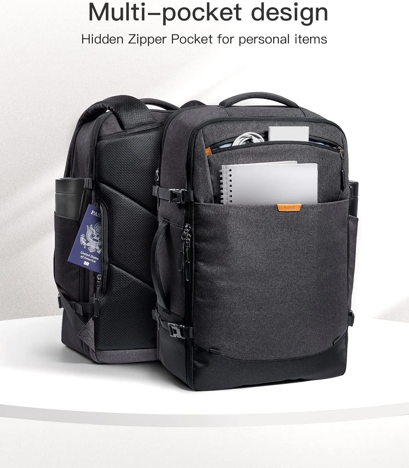 Inateck 38-46L Large Travel Carry on Laptop Backpack for Men and Women, Expandable Splash-resistant Cabin Luggage 22x14x9 Airline Approved, Compatible with 17.3 Inch Laptop, Black