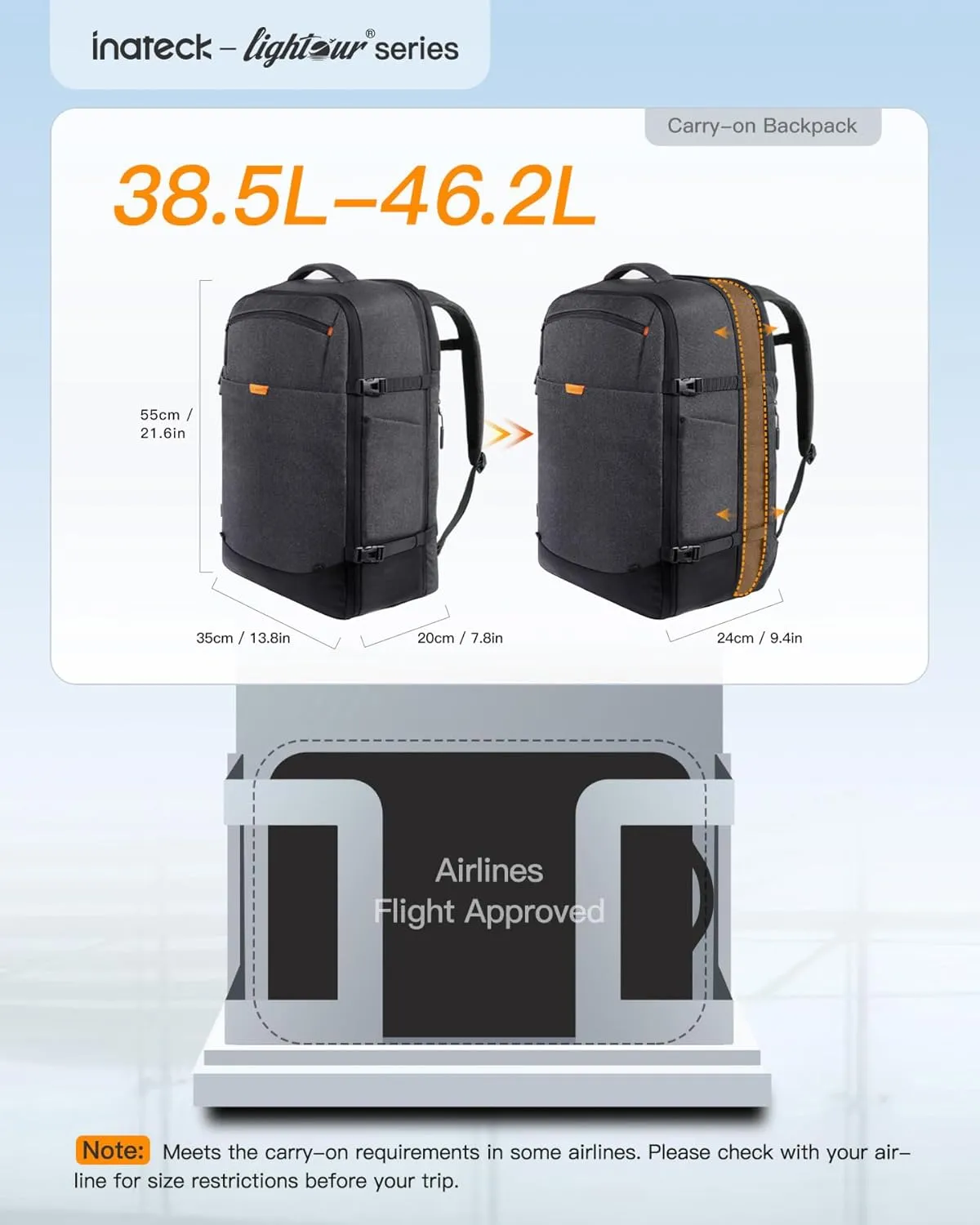 Inateck 38-46L Large Travel Carry on Laptop Backpack for Men and Women, Expandable Splash-resistant Cabin Luggage 22x14x9 Airline Approved, Compatible with 17.3 Inch Laptop, Black