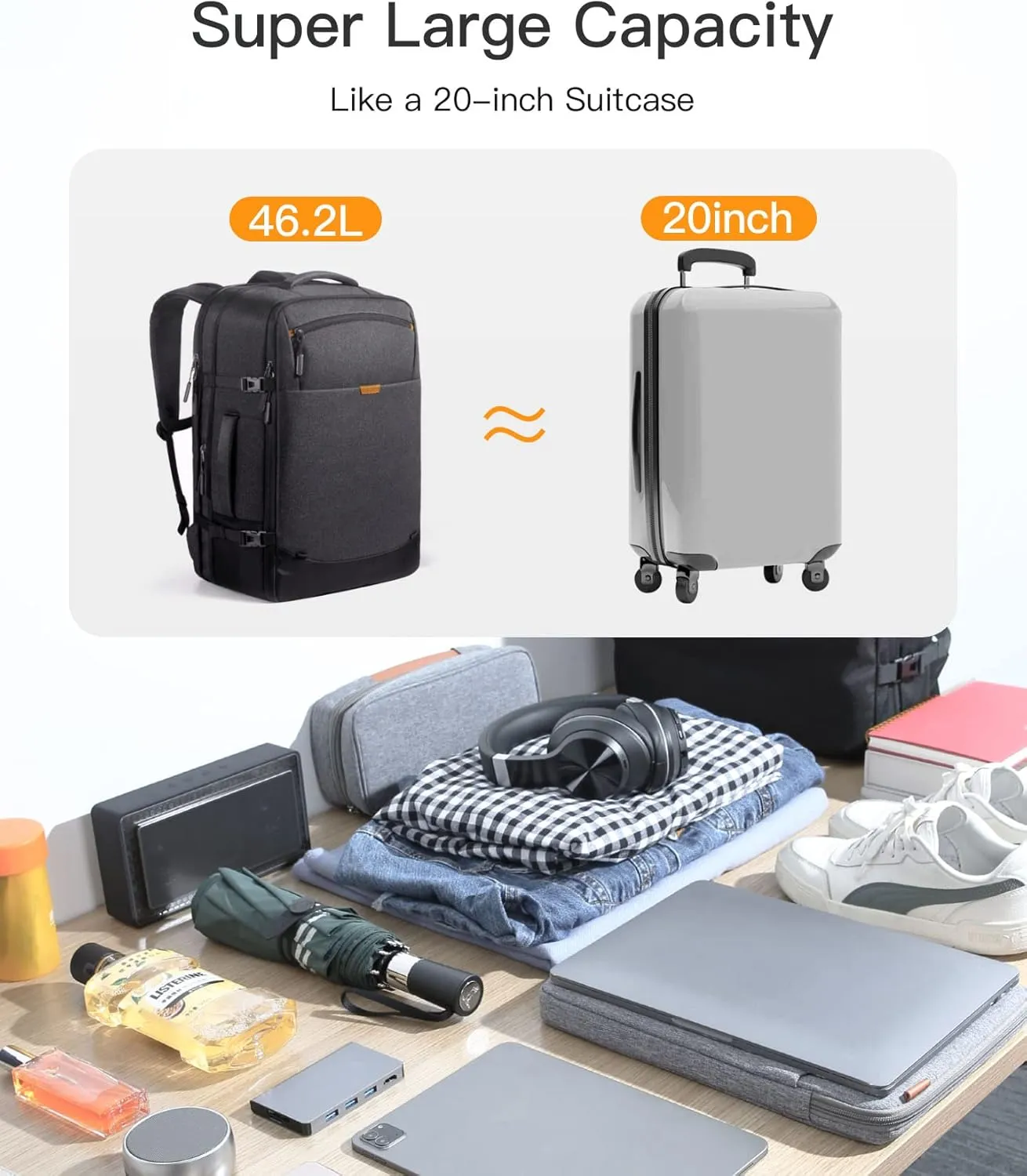 Inateck 38-46L Large Travel Carry on Laptop Backpack for Men and Women, Expandable Splash-resistant Cabin Luggage 22x14x9 Airline Approved, Compatible with 17.3 Inch Laptop, Black
