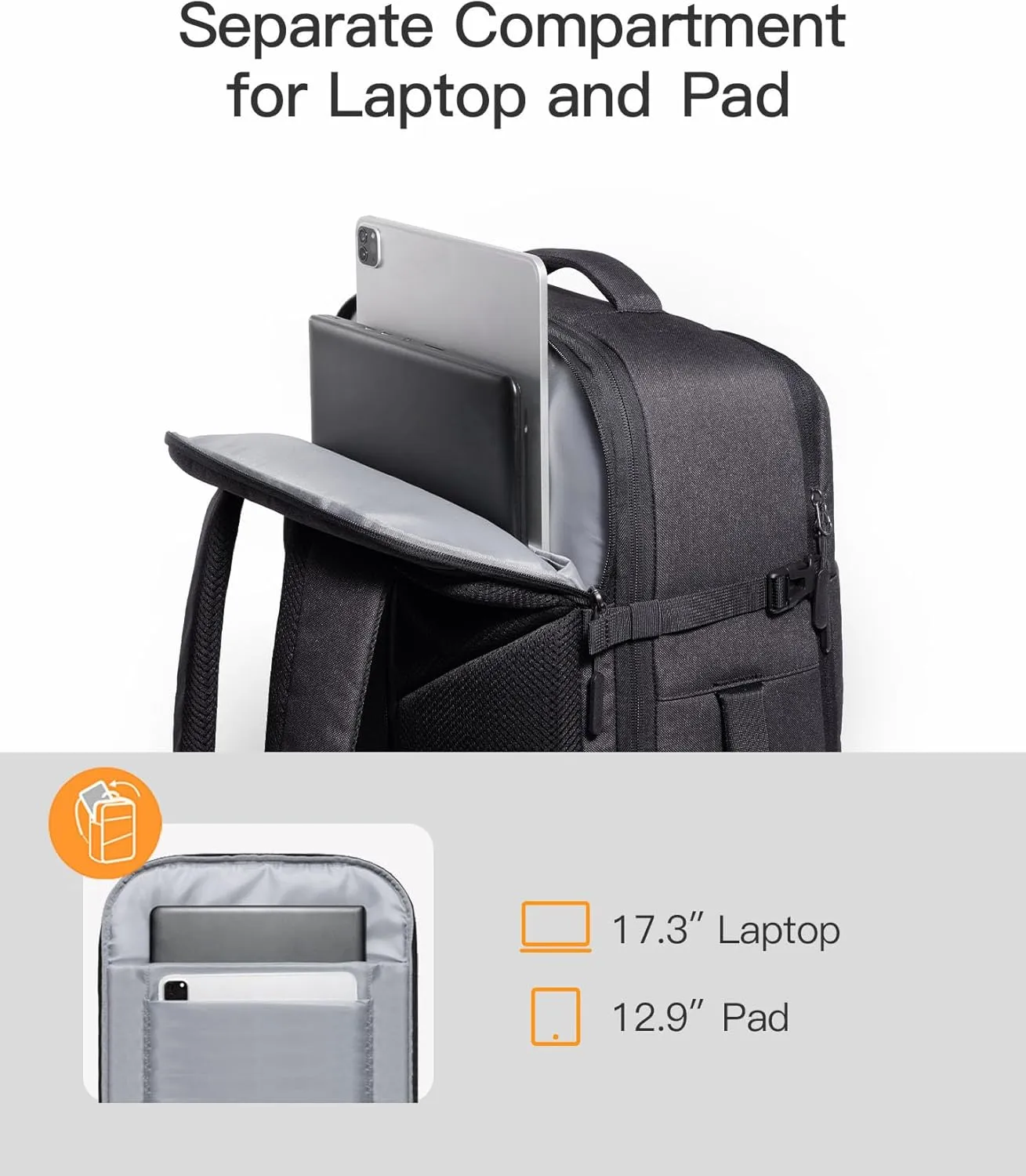 Inateck 38-46L Large Travel Carry on Laptop Backpack for Men and Women, Expandable Splash-resistant Cabin Luggage 22x14x9 Airline Approved, Compatible with 17.3 Inch Laptop, Black