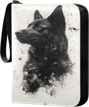 Ink Painting Black Dog Cards Binder 4 Pocket Fits 400 Cards with 50 Removable Sleevesves, Trading Card Collector Zipper Album Holder Portable Card Games Display Storage Cases