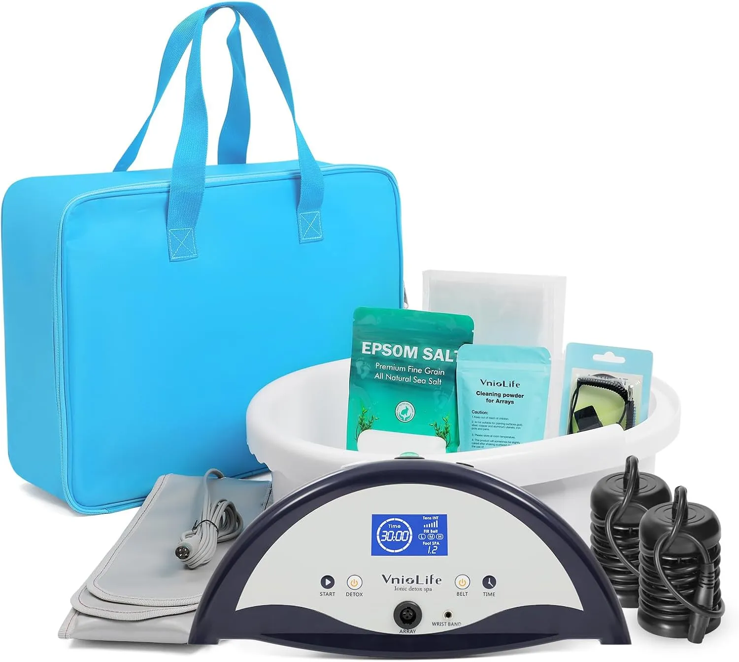 Ionic Foot Bath Detox Machine, Ion Detox Foot Bath Cleanse, LED Display Feet Spa with Heated Belt,Wrist Strap, with 2 Arrays, Sea Salt,10 Liners,Portable Handbag