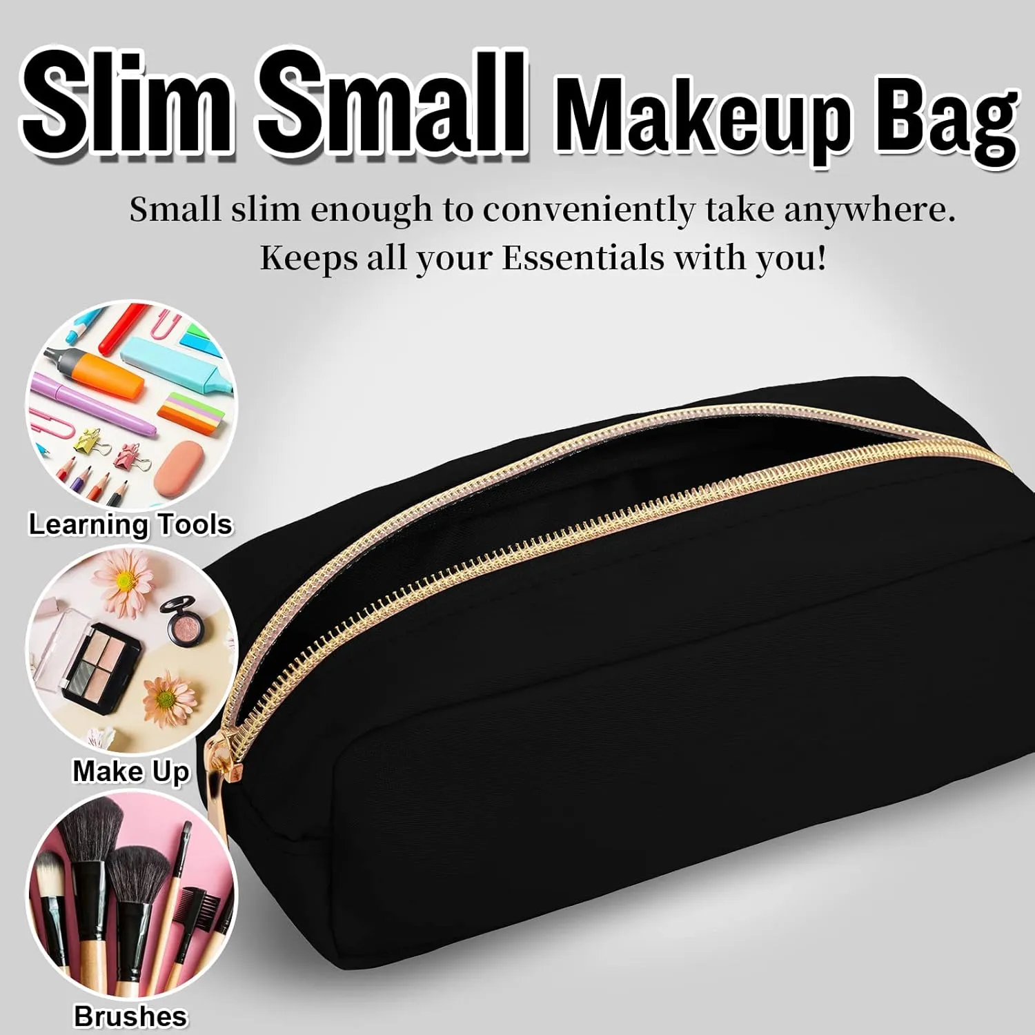 izuzta Nylon Small Makeup Bag Slim Pouch, Preppy Cute Brush Black Cosmetic Zipper Pouch for Purse, Waterproof Travel Toiletry Coin Organizer Women Girls(Black)