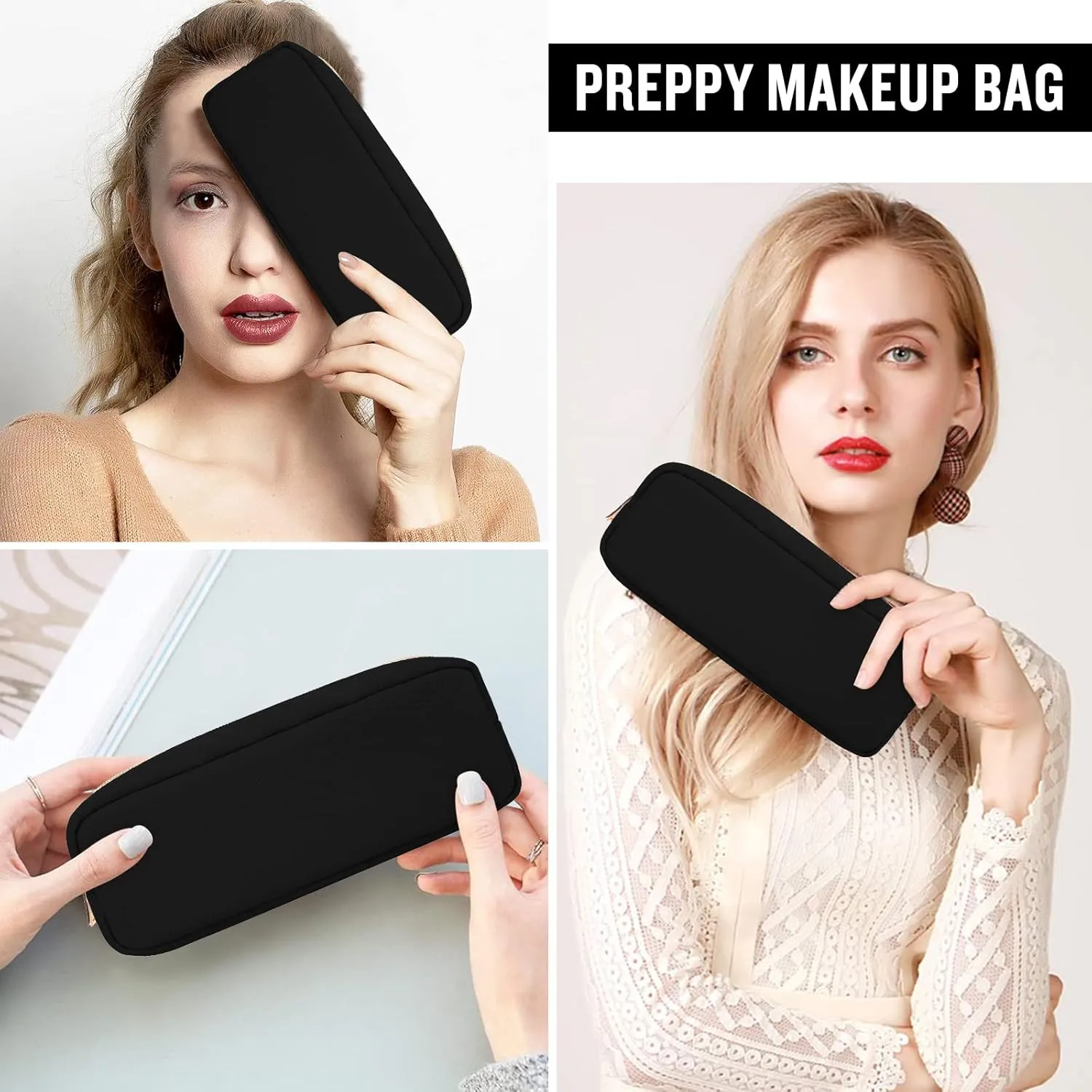 izuzta Nylon Small Makeup Bag Slim Pouch, Preppy Cute Brush Black Cosmetic Zipper Pouch for Purse, Waterproof Travel Toiletry Coin Organizer Women Girls(Black)