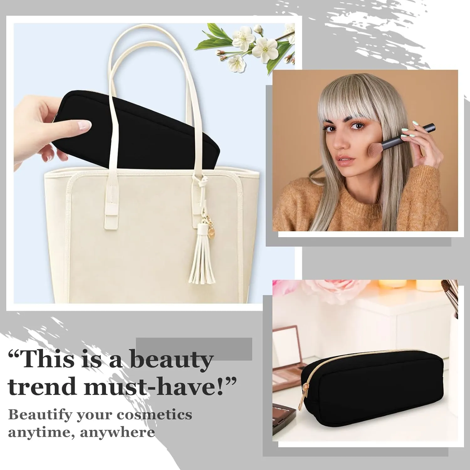 izuzta Nylon Small Makeup Bag Slim Pouch, Preppy Cute Brush Black Cosmetic Zipper Pouch for Purse, Waterproof Travel Toiletry Coin Organizer Women Girls(Black)