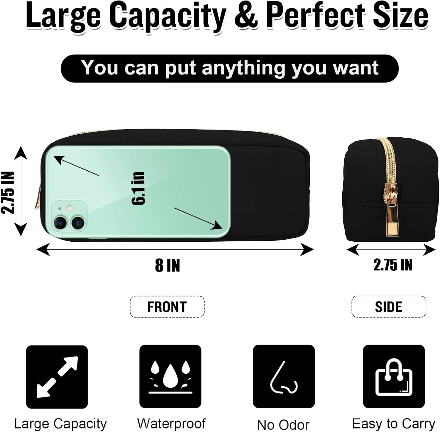 izuzta Nylon Small Makeup Bag Slim Pouch, Preppy Cute Brush Black Cosmetic Zipper Pouch for Purse, Waterproof Travel Toiletry Coin Organizer Women Girls(Black)