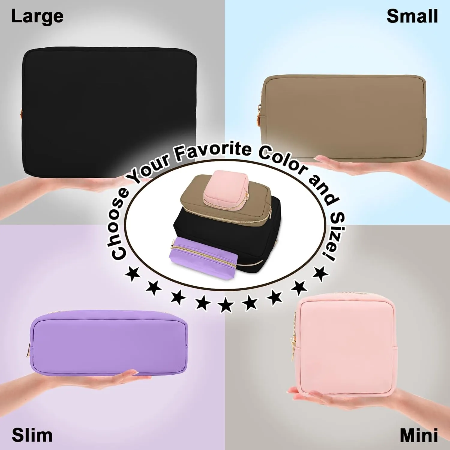 izuzta Nylon Small Makeup Bag Slim Pouch, Preppy Cute Brush Black Cosmetic Zipper Pouch for Purse, Waterproof Travel Toiletry Coin Organizer Women Girls(Black)