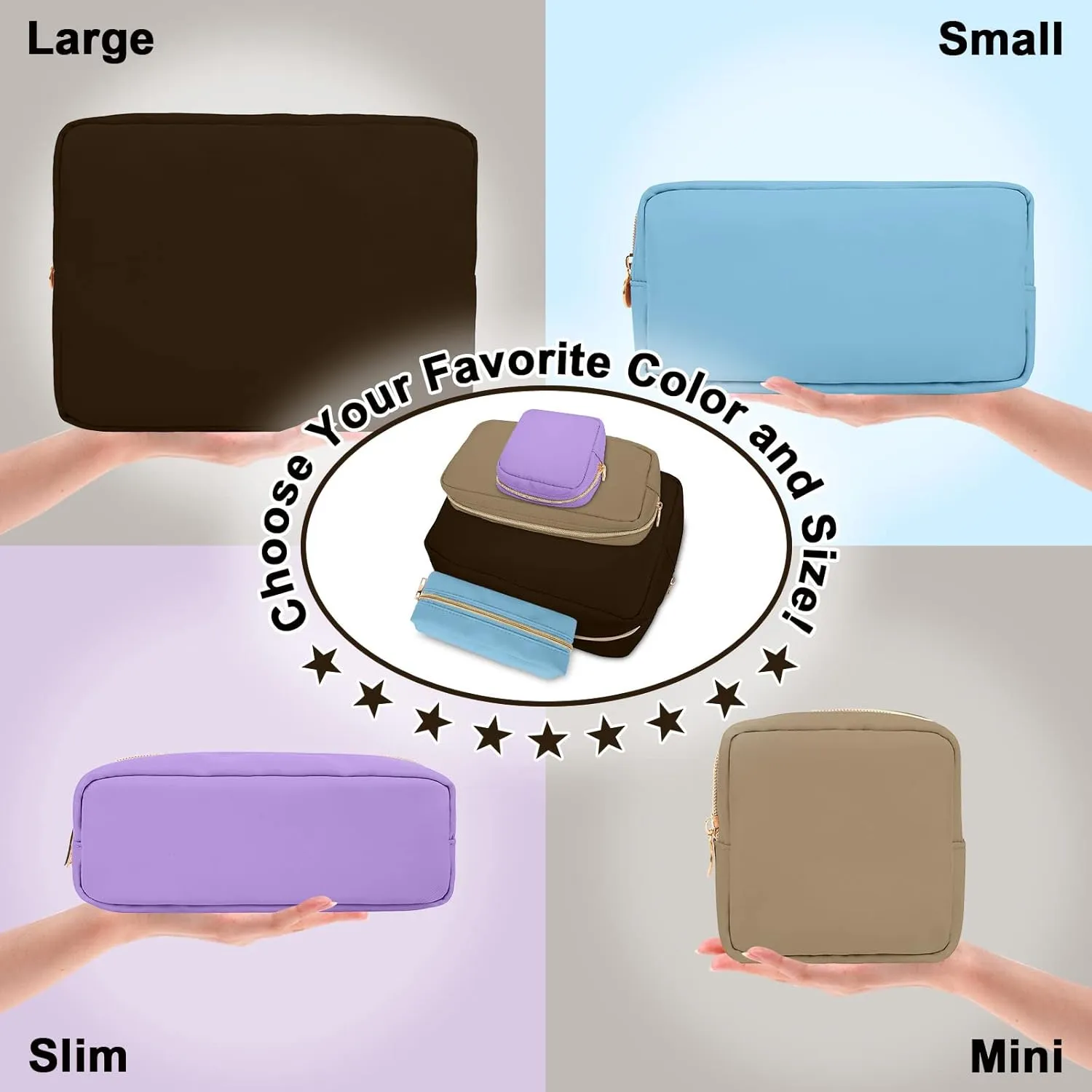 izuzta Nylon Small Makeup Bag Slim Pouch, Preppy Cute Makeup Brush Case Bag Cosmetic Zipper Pouch for Purse, Waterproof Travel Toiletry Bag Clutch Coin Pouch Make Up Organizer for Women(Brown)