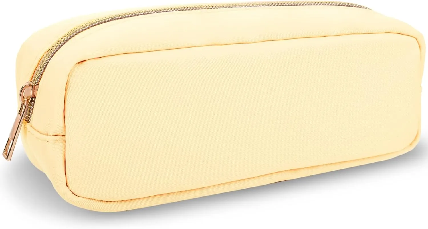 izuzta Nylon Small Makeup Bag Slim Pouch, Preppy Cute Makeup Brush Case Bag Cosmetic Zipper Pouch for Purse, Waterproof Travel Toiletry Bag Clutch Coin Pouch Makeup Organizer for Women Girls(Beige)