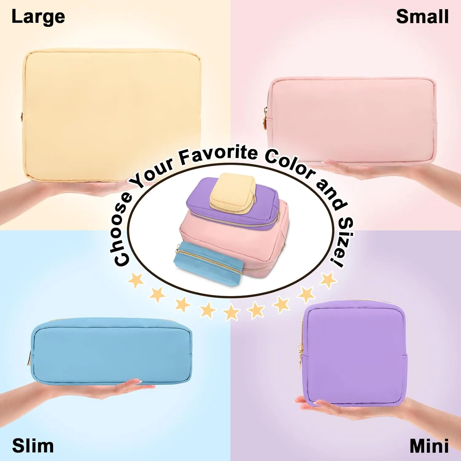 izuzta Nylon Small Makeup Bag Slim Pouch, Preppy Cute Makeup Brush Case Bag Cosmetic Zipper Pouch for Purse, Waterproof Travel Toiletry Bag Clutch Coin Pouch Makeup Organizer for Women Girls(Beige)