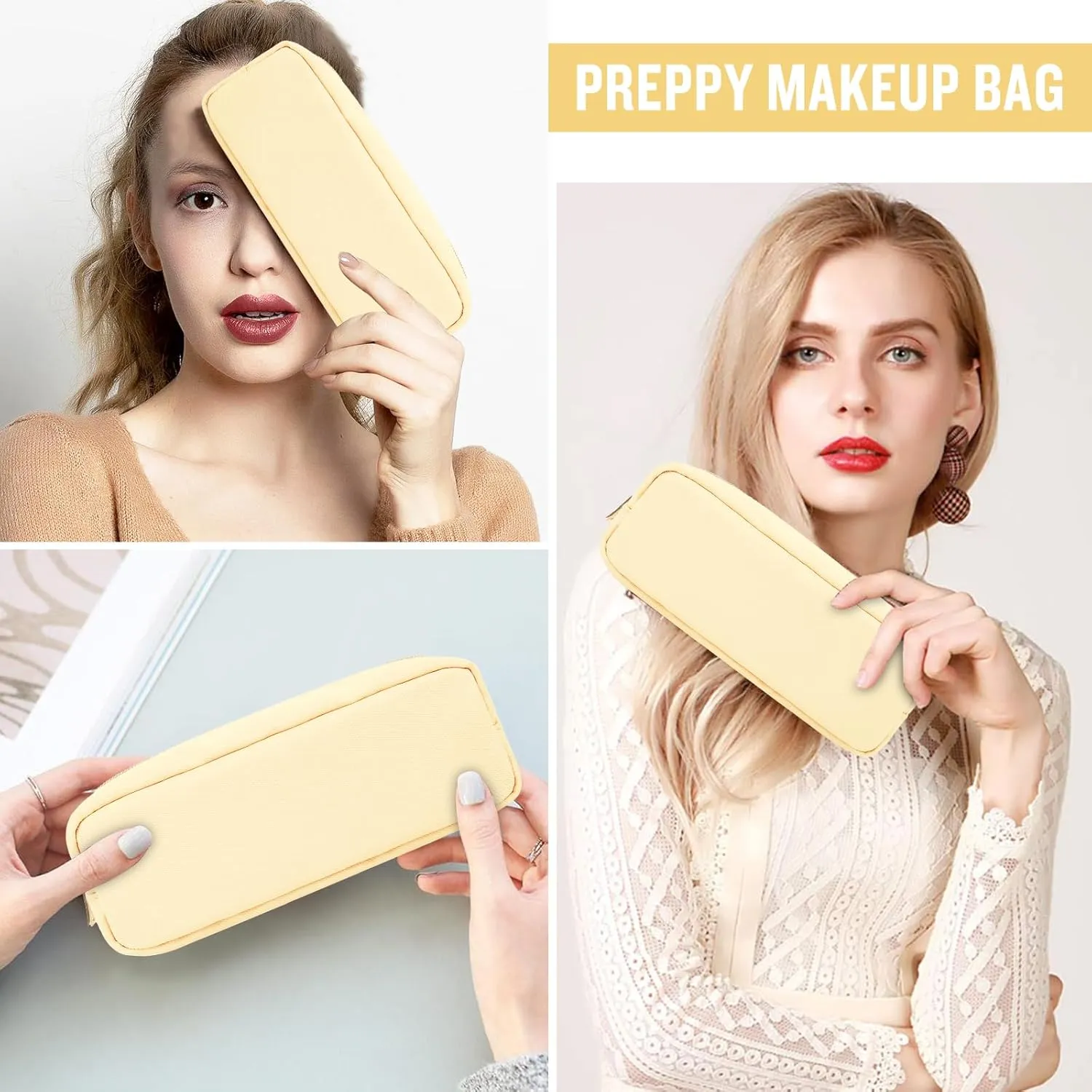 izuzta Nylon Small Makeup Bag Slim Pouch, Preppy Cute Makeup Brush Case Bag Cosmetic Zipper Pouch for Purse, Waterproof Travel Toiletry Bag Clutch Coin Pouch Makeup Organizer for Women Girls(Beige)