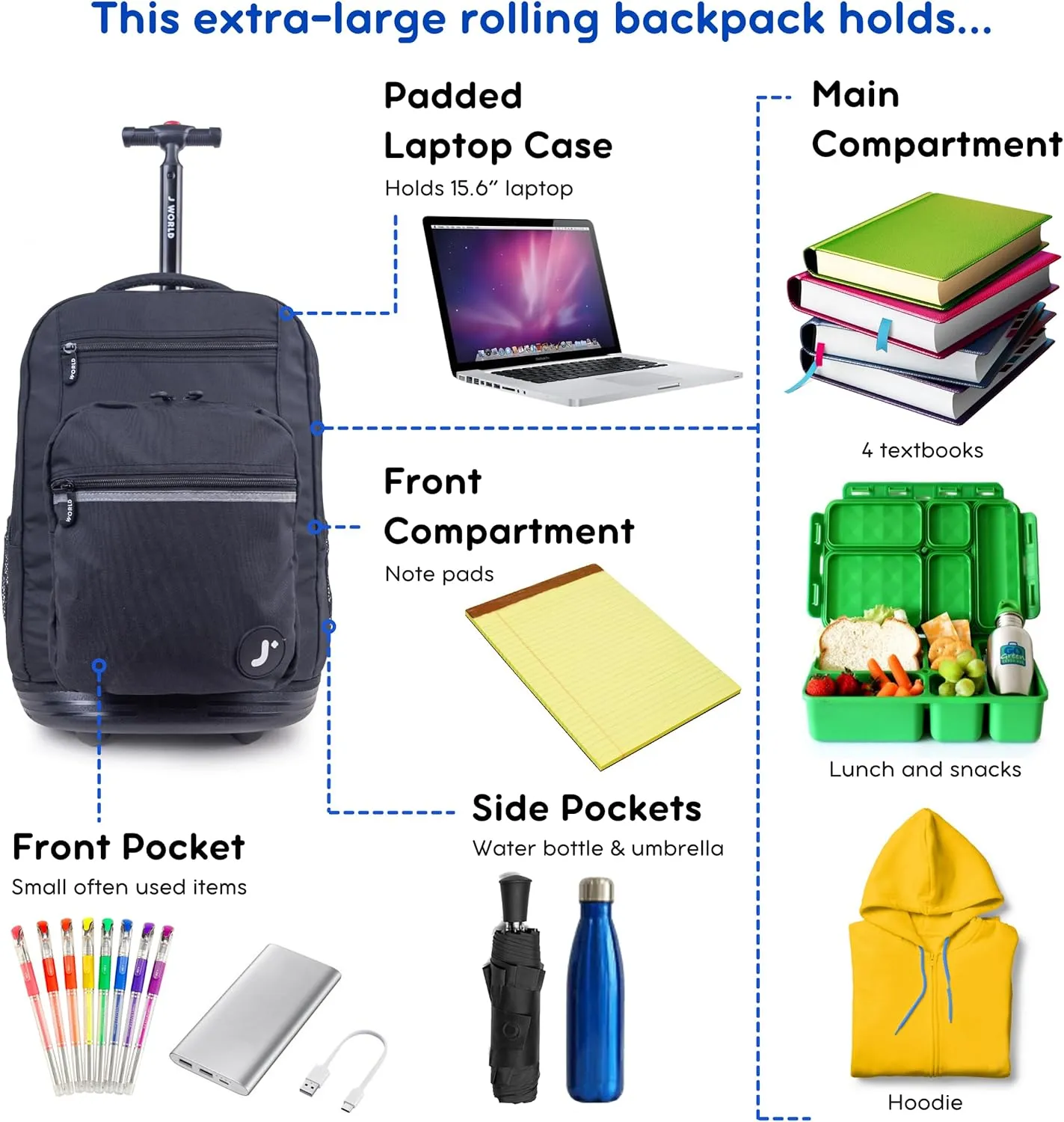 J World New York Sundance Rolling Backpack Girl Boy Roller Bookbag, Black, 20 Inch