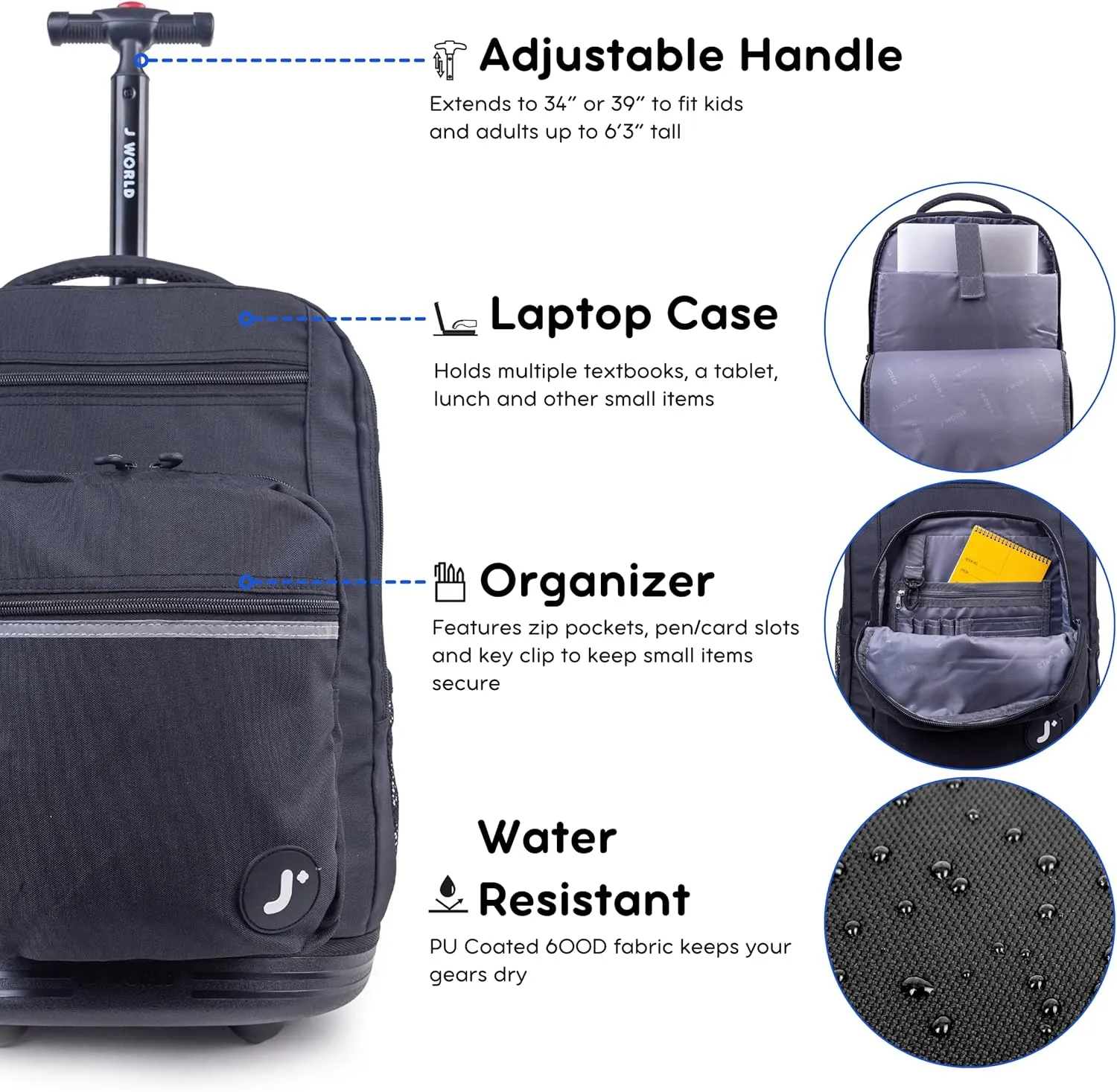 J World New York Sundance Rolling Backpack Girl Boy Roller Bookbag, Black, 20 Inch