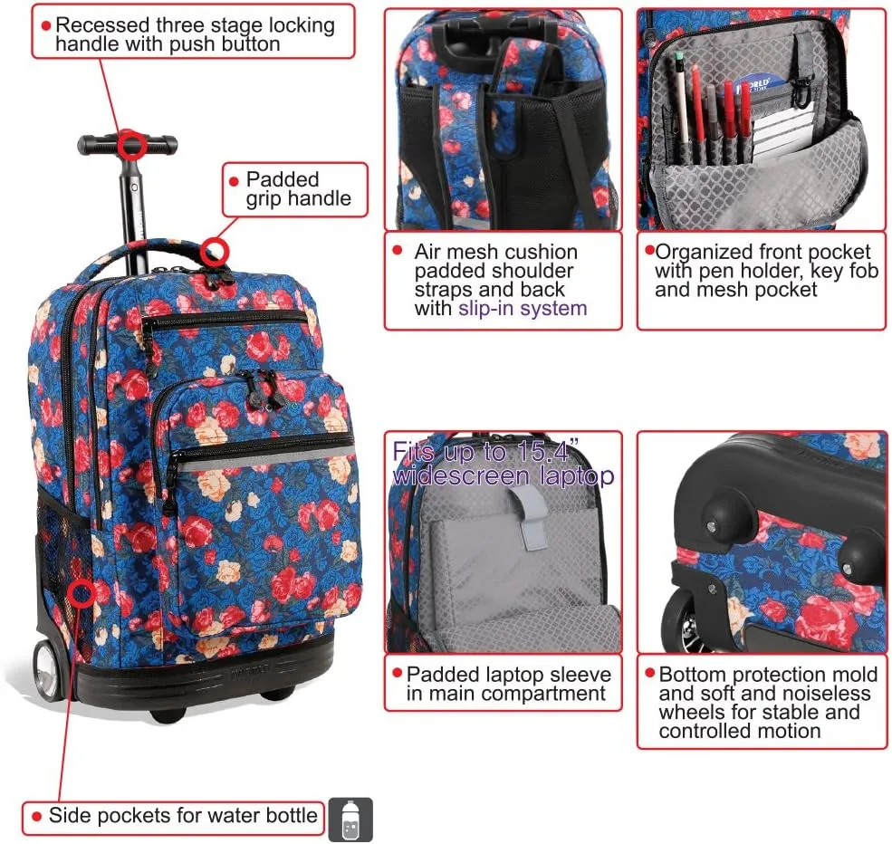 J World New York Sundance Rolling Backpack Girl Boy Roller Bookbag, Vintage Rose, 20 Inch
