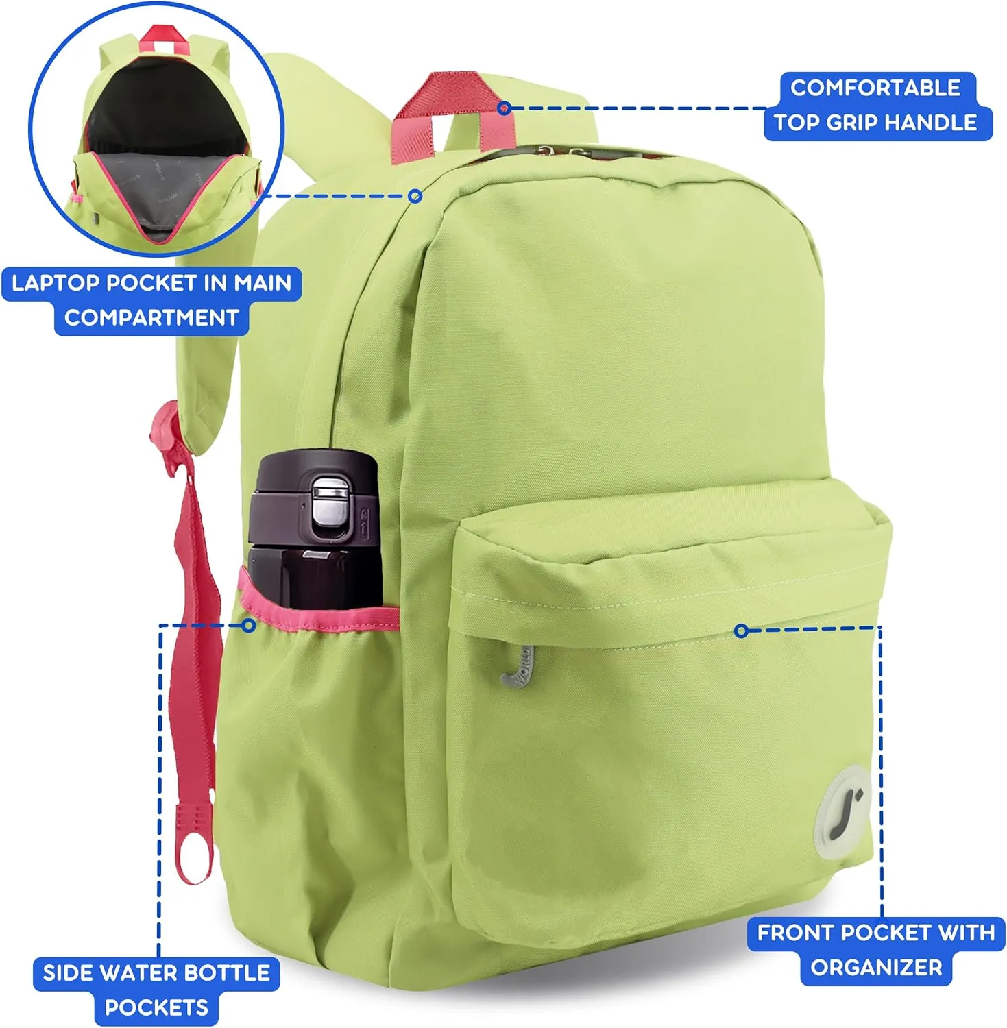 J World New York Unisex Kid's Oz School Backpack for Girls Boys. Cute Bookbag, Celery, One Size