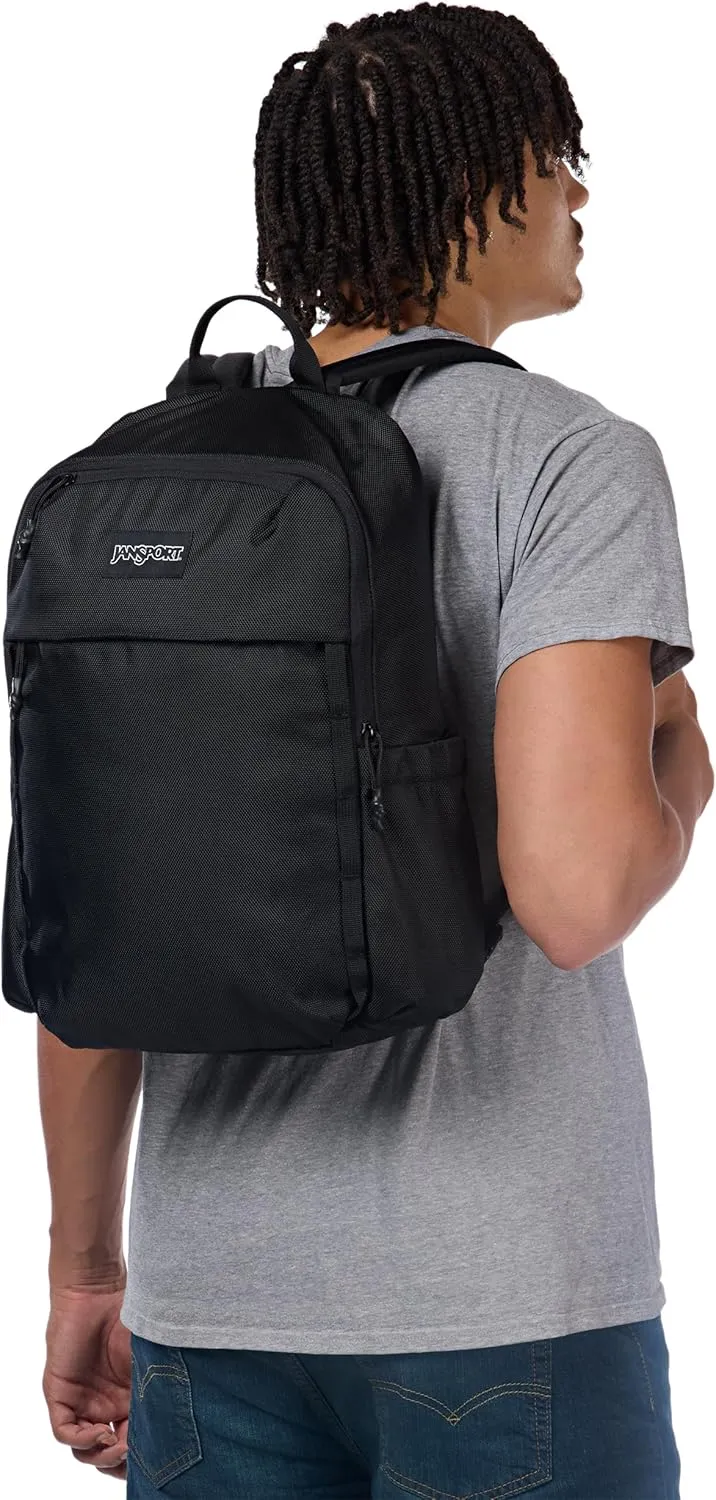 JanSport Venture Daypack – Travel Pack With Large Main Compartment, Padded Laptop Sleeve, Dual Water Bottle Pockets, and Attachment Buckles, Black